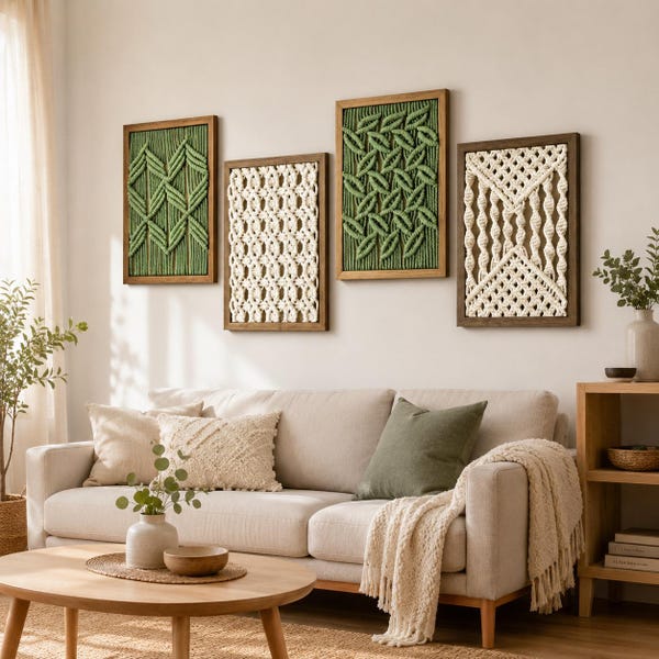 Handmade Macrame Wall Art, Wooden Frame, Boho Fiber Textile Decor, Neutral Woven Art