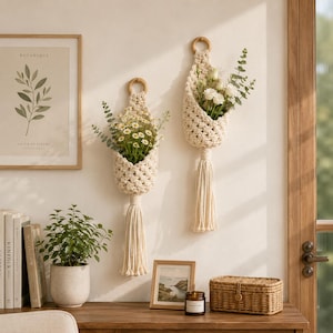 May include: Two off-white macrame wall hangings featuring a woven basket design suspended from a wooden ring, each finished with a long tassel at the bottom. The baskets contain white flowers and green eucalyptus stems, creating a textured display.