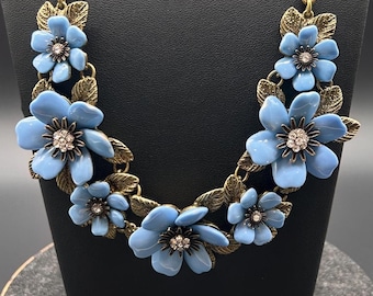 Joan Rivers Cornflower Blue Enamel Flower Statement Bib Necklace, Gold Bronze Tone Rhinestones