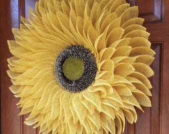 ひまわりのリース作り方チュートリアルDIY｜麻布を使ったフラワーリースの作り方（ステップバイステップ）｜春・夏・秋のデコレーション｜デジタルダウンロードPDFガイド