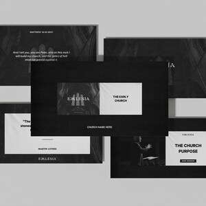 May include: A collection of black and white presentation slides. The slides feature text, including Bible verses and the words "Eclesia," "The Early Church," and "The Church Purpose." The design incorporates architectural imagery.
