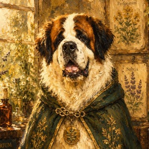 May include: Oil painting of a Saint Bernard dog in a green cloak with gold detailing and a pendant. The dog has a white and brown coat, set against a backdrop of botanical illustrations and glass bottles.