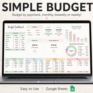 Può includere: Un laptop che mostra una dashboard "Simple Budget" con dati finanziari. Lo schermo mostra categorie di budget, entrate, spese e panoramica del flusso di cassa. Il testo include "Budget per busta paga, mensile, bisettimanale o settimanale!" e "Easy to Use Google Sheets."