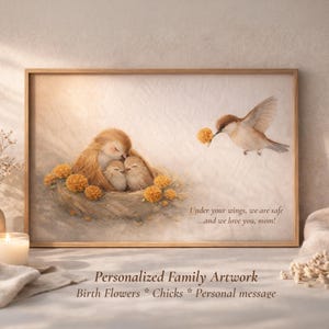 May include: A framed artwork depicts a family of birds in a nest surrounded by orange flowers. A bird flies in with a flower. Text reads "Under your wings, we are safe...and we love you, mom!" and "Personalized Family Artwork".