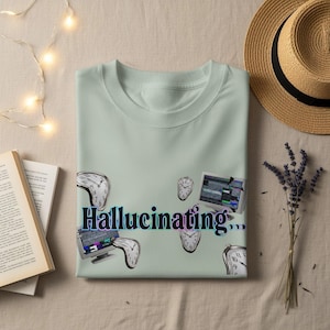 Puede incluir: Una camiseta verde claro con la palabra "Hallucinating..." en azul y negro. La camiseta presenta relojes derritiéndose y una pantalla de televisión con estática. Un sombrero de paja y una ramita de lavanda están al lado.
