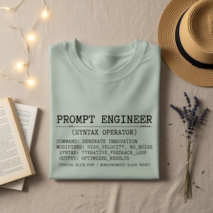 Op de afbeelding: Een lichtgroen t-shirt met de tekst "PROMPT ENGINEER" in zwart, samen met technische details. Het shirt is opgevouwen op een beige oppervlak, met een strohoed en een takje lavendel. Een boek en lichtslingers zijn ook zichtbaar.