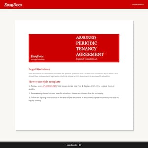 May include: A template document with a red header stating "ASSURED PERIODIC TENANCY AGREEMENT." The EasyDocs logo is visible. The document provides a legal disclaimer and instructions on how to use the template.