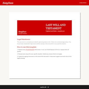 Può includere: Un modello di documento intitolato "LAST WILL AND TESTAMENT" con un'intestazione rossa. Il documento include un disclaimer legale e istruzioni per l'uso. Il logo EasyDocs è visibile.