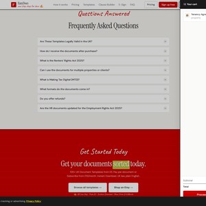 Op de afbeelding: Een screenshot van een website met een rood en wit ontwerp. De pagina toont een lijst met veelgestelde vragen over juridische documenten. De tekst "Get Started Today" en "Get your documents sorted today" zijn prominent aanwezig. Een winkelwagenpictogram is zichtbaar.