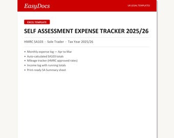 Expense Tracker voor zelfbeoordeling 2025/26 | HMRC SA103 | Eenmanszaak | Excel | Direct downloaden