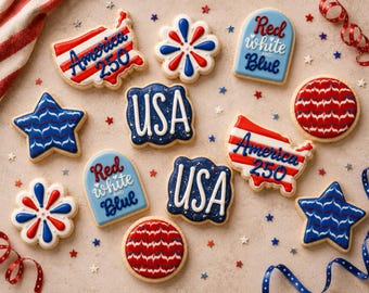 12 Count Fourth Of July Sugar Cookies / Custom Royal Icing Sugar Cookies / Patriotic USA / America 250