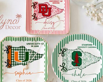 Custom College Pennant Ring Dish, Personalized Class of 2026 Jewelry Tray, Preppy Striped Graduation Gift for Her, Sorority Senior Gift
