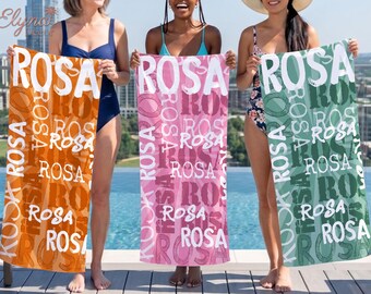 Personalized Name Beach Towel, Custom Repeating Typography Pool Towel, Bachelorette Party Favors, Girls Trip Vacation Gift, Cute Kids Towel