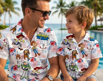 Toy Story Hawaiian Shirt, Father Son Matching Patriotic Button Up, Woody Buzz Lightyear 4th of July Outfit, Summer Vacation Travel Wear