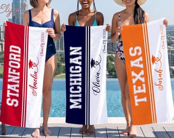 Custom Graduation Beach Towel, Personalized Senior 2026 Towel, College Name Grad Gift, High School Class of 2026, Senior Trip Vacation