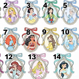 May include: A collection of fourteen oval-shaped frames, each featuring a different illustrated female character. Each frame is adorned with a decorative bow at the top and numbered from 1 to 14. The characters are depicted in various colorful outfits.