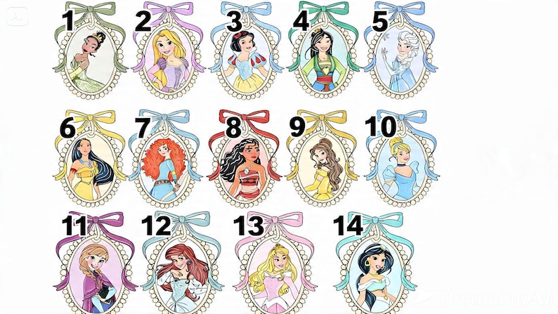 May include: A collection of fourteen oval-shaped frames, each featuring a different illustrated female character. Each frame is adorned with a decorative bow at the top and numbered from 1 to 14. The characters are depicted in various colorful outfits.