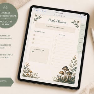 Puede incluir: Un diario digital de organizaci&oacute;n en una tableta, con un dise&ntilde;o de planificador diario con secciones para prioridades y listas de tareas. El dise&ntilde;o incluye ilustraciones bot&aacute;nicas y el texto "Daily Planner". El diario est&aacute; dise&ntilde;ado para Goodnotes.