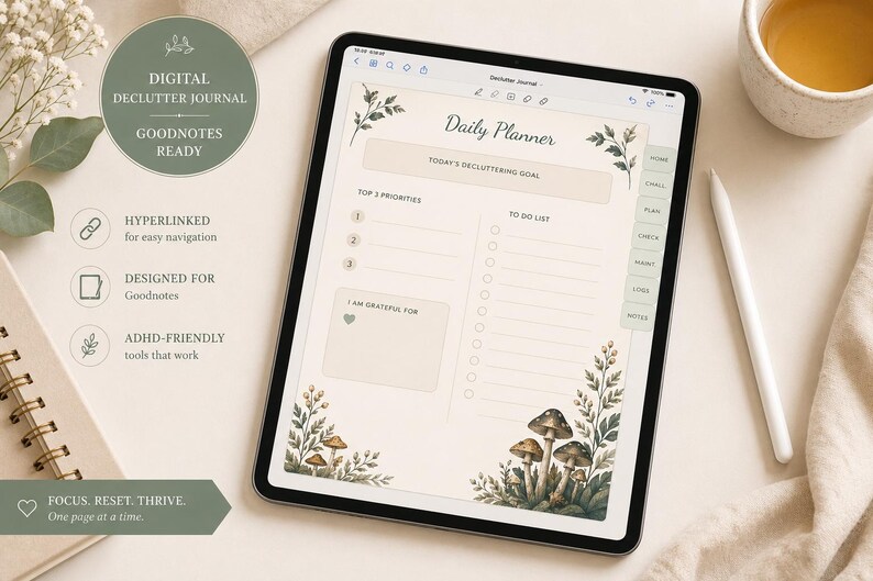 Puede incluir: Un diario digital de organizaci&oacute;n en una tableta, con un dise&ntilde;o de planificador diario con secciones para prioridades y listas de tareas. El dise&ntilde;o incluye ilustraciones bot&aacute;nicas y el texto "Daily Planner". El diario est&aacute; dise&ntilde;ado para Goodnotes.