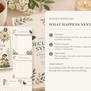 Puede incluir: Una colecci&oacute;n de planificadores de sistema de limpieza imprimibles con ilustraciones florales y de mariposas. El texto dice "ADHD-Friendly Declutter System" y "Instant Download: What Happens Next". Tambi&eacute;n se ve una taza de t&eacute; y una vela encendida.