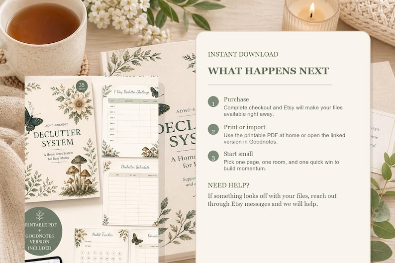 Puede incluir: Una colecci&oacute;n de planificadores de sistema de limpieza imprimibles con ilustraciones florales y de mariposas. El texto dice "ADHD-Friendly Declutter System" y "Instant Download: What Happens Next". Tambi&eacute;n se ve una taza de t&eacute; y una vela encendida.