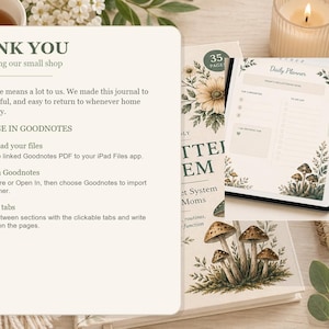 Puede incluir: Un planificador digital que se muestra en una tableta, con un dise&ntilde;o de "Daily Planner" con un dise&ntilde;o de hongos y bot&aacute;nico. La imagen incluye un libro con el texto "Better System Moms" y una tarjeta con el texto "Small steps, calm home, clear mind."