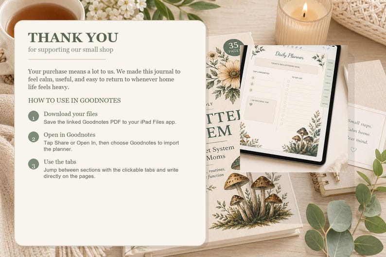 Puede incluir: Un planificador digital que se muestra en una tableta, con un dise&ntilde;o de "Daily Planner" con un dise&ntilde;o de hongos y bot&aacute;nico. La imagen incluye un libro con el texto "Better System Moms" y una tarjeta con el texto "Small steps, calm home, clear mind."