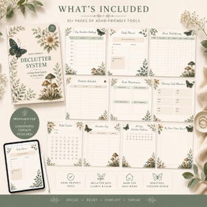 Puede incluir: Un conjunto de herramientas imprimibles para la organizaci&oacute;n, aptas para el TDAH. La portada presenta un dise&ntilde;o de mariposa y setas. Incluye un planificador digital, un rastreador de h&aacute;bitos y m&aacute;s. El texto dice "Qu&eacute; incluye" y "M&aacute;s de 35 p&aacute;ginas de herramientas para el TDAH."
