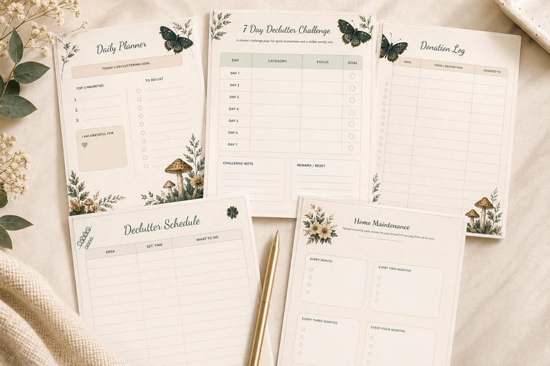 Puede incluir: Un conjunto de planificadores de papel beige con ilustraciones bot&aacute;nicas y detalles de mariposas. Los planificadores incluyen un planificador diario, un desaf&iacute;o de limpieza de 7 d&iacute;as, un registro de donaciones, un programa de limpieza y una lista de verificaci&oacute;n de mantenimiento del hogar.