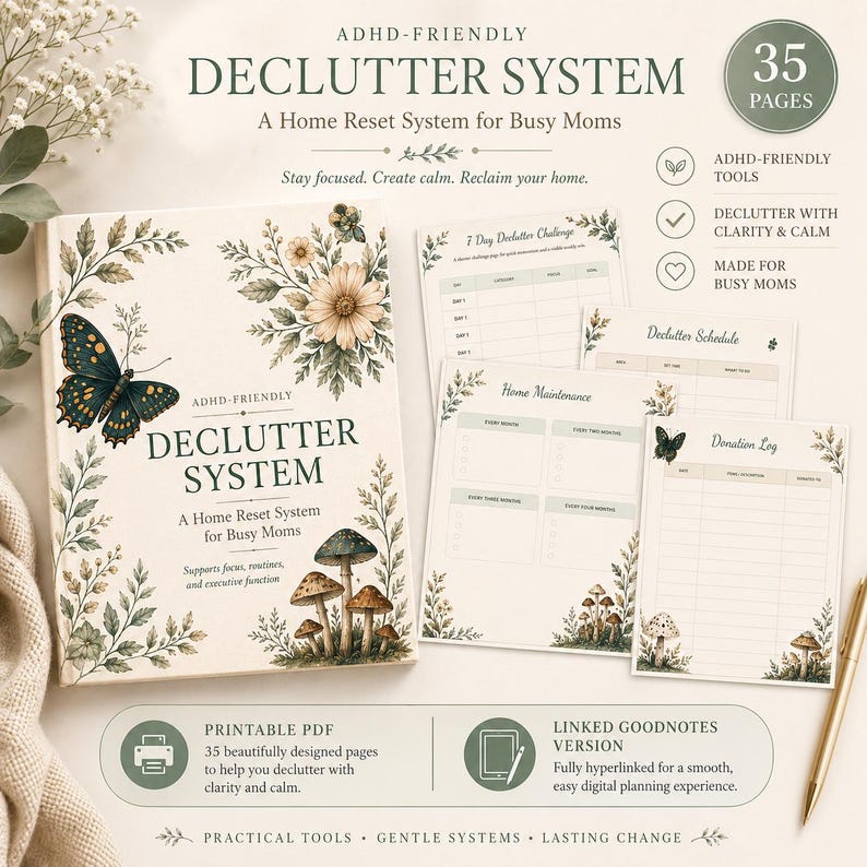 Puede incluir: Sistema de organizaci&oacute;n para TDAH con dise&ntilde;o floral y mariposa. El libro y las p&aacute;ginas presentan un sistema de reinicio del hogar para madres ocupadas, con 35 p&aacute;ginas. Incluye un programa de organizaci&oacute;n, mantenimiento del hogar y registro de donaciones.