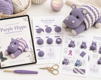Purple Hippo Amigurumi PDF, Emotional Support Plush, Chenille Toy, 10–12 Inch Crochet Pattern
