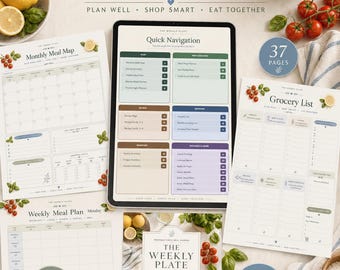 Printable Meal Planner PDF | Weekly Menu Planner with Grocery List & Recipe Cards | Meal Prep Planner | US Letter, A4 + GoodNotes