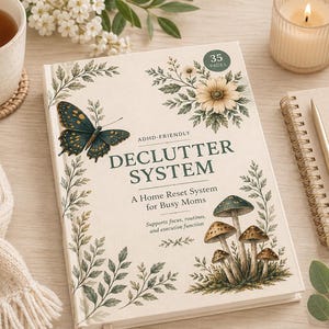 Peut inclure: Un livre ouvert intitulé "DECLUTTER SYSTEM" avec une illustration de papillon et de champignons. Le livre est posé sur une surface en bois, à côté d'une tasse de thé, d'une bougie et d'un carnet. Le livre est pour les mamans occupées.