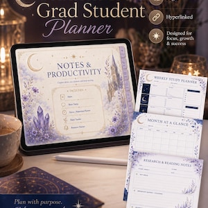 May include: A digital student and grad student planner with a moon and castle design. The planner includes notes, a brain dump, a focus planner, a habit tracker, and a resource tracker. The planner is hyperlinked and has 42 pages. The text says "Plan with purpose. Achieve your goals."