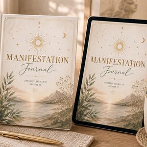 Può includere: Un "Manifestation Journal" con copertina rigida e un tablet con lo stesso design. Il diario e il tablet presentano un'illustrazione di paesaggio con montagne, acqua e un disegno a raggiera. Il testo recita "Manifestation Journal" e "Dream it, Believe it, Receive it".