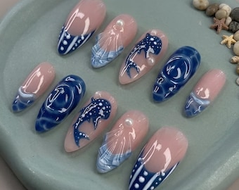 Whale Shark Press On Nails, Ocean Blue Luxury Nails