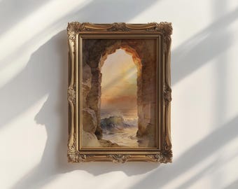 Door County Sea Caves Framed Print | Wisconsin Sunset Watercolor Wall Art | Coastal Housewarming Gift