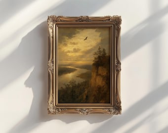 Mississippi River Bluff Landscape Print | Tonalist Hawk at Golden Hour | Driftless Area Wall Art