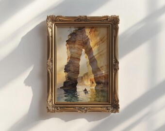 Pictured Rocks Art Print | Lake Superior Sandstone Arch Watercolor | Michigan Cabin Gift