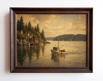 Gig Harbor Washington Landscape Wall Art Print | Puget Sound Fishing Boat Framed Print | Pacific Northwest Coastal Oil Painting | PNW Decor