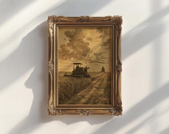 Kansas Wheat Field Print | Antique Engraving Prairie Horizon Wall Art | Farmhouse Gift