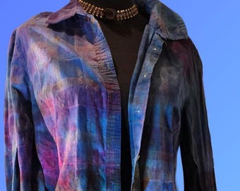 Camisa de flanela feminina tamanho médio da Talbots com punhos de renda.