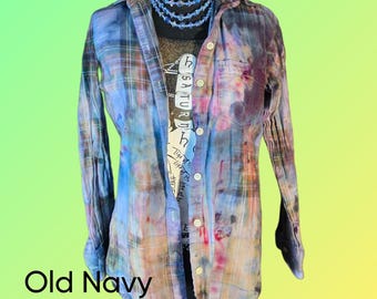 Bleach Treated and Ice Dyed  Old Navy Plaid Shirt — Women’s XS