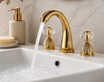 Luxury Gold Bathroom Faucet with Crystal Handles | Widespread 3 Hole Brass Sink Faucet | Modern Vanity Mixer Tap