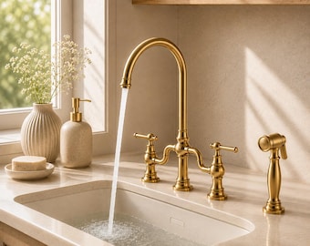 Antique Brass Bridge Kitchen Faucet with Side Sprayer, Luxury Farmhouse Sink Faucet, Traditional Deck Mount Brass Tap