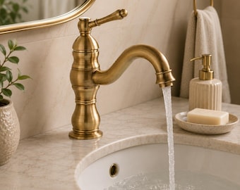 Antique Brass Bathroom Faucet | Single Handle Basin Mixer Tap | Vintage Brass Vanity Sink Faucet | Farmhouse Bathroom Fixture
