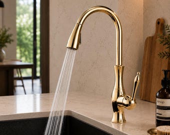 Gold Pull Down Kitchen Faucet, Brass Kitchen Tap with Pull Out Sprayer, Luxury Single Handle Sink Mixer, Modern Deck Mount Faucet