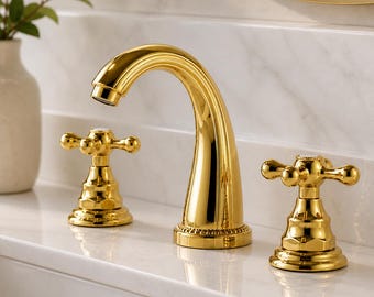 Luxury Brass Bathroom Faucet, Vintage Gold Sink Faucet, Solid Brass 3 Hole Vanity Tap, Retro Widespread Bathroom Faucet