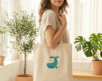 J-Listing The Tide Tote Organic Cotton Canvas Whale Tote Bag Ocean Conservation Made to Order