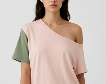 Asymmetric Off-Shoulder Tencel Lyocell Top – Colorblock Blush Pink Sage Shirt